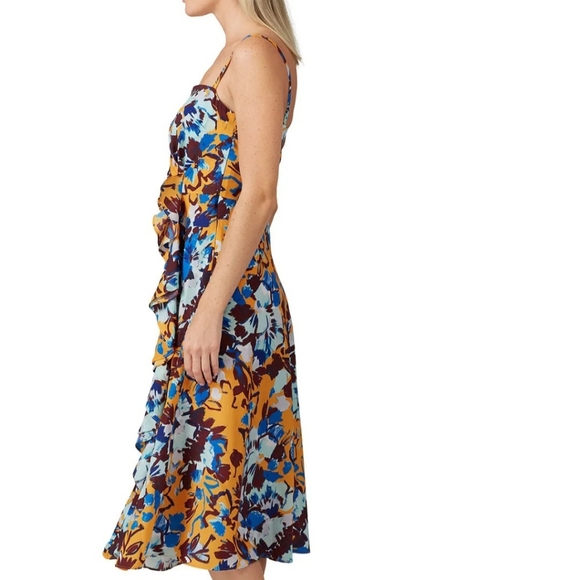 Prabal Gurung Ochre Floral Side RuffleRent The Runway Midi Dress Size 12 - Picture 4 of 15